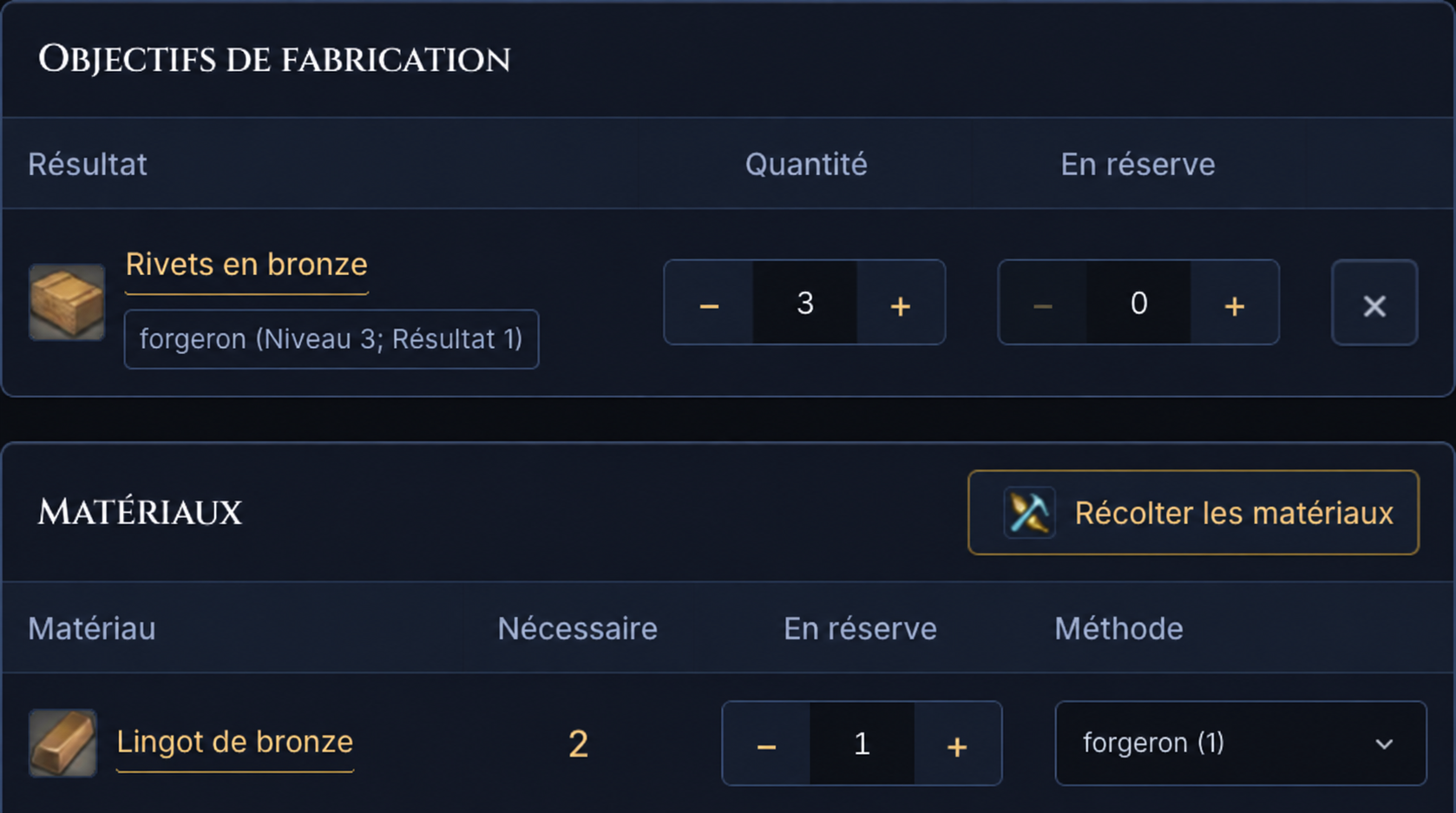Un objectif de trois unités de Rivets en bronze avec une unité de Lingot de bronze en réserve ; deux autres unités de Lingot de bronze sont nécessaires.