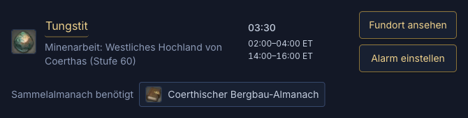 Eine ausgewählte Tungstit-Quelle in der Eorzea-Uhr mit Zeitfenstern und Sammelalmanach.