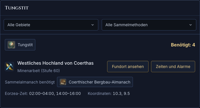 Tungstit mit verbleibendem Bedarf, Sammelstelle, Zeitfenstern, Koordinaten und benötigtem Sammelalmanach.